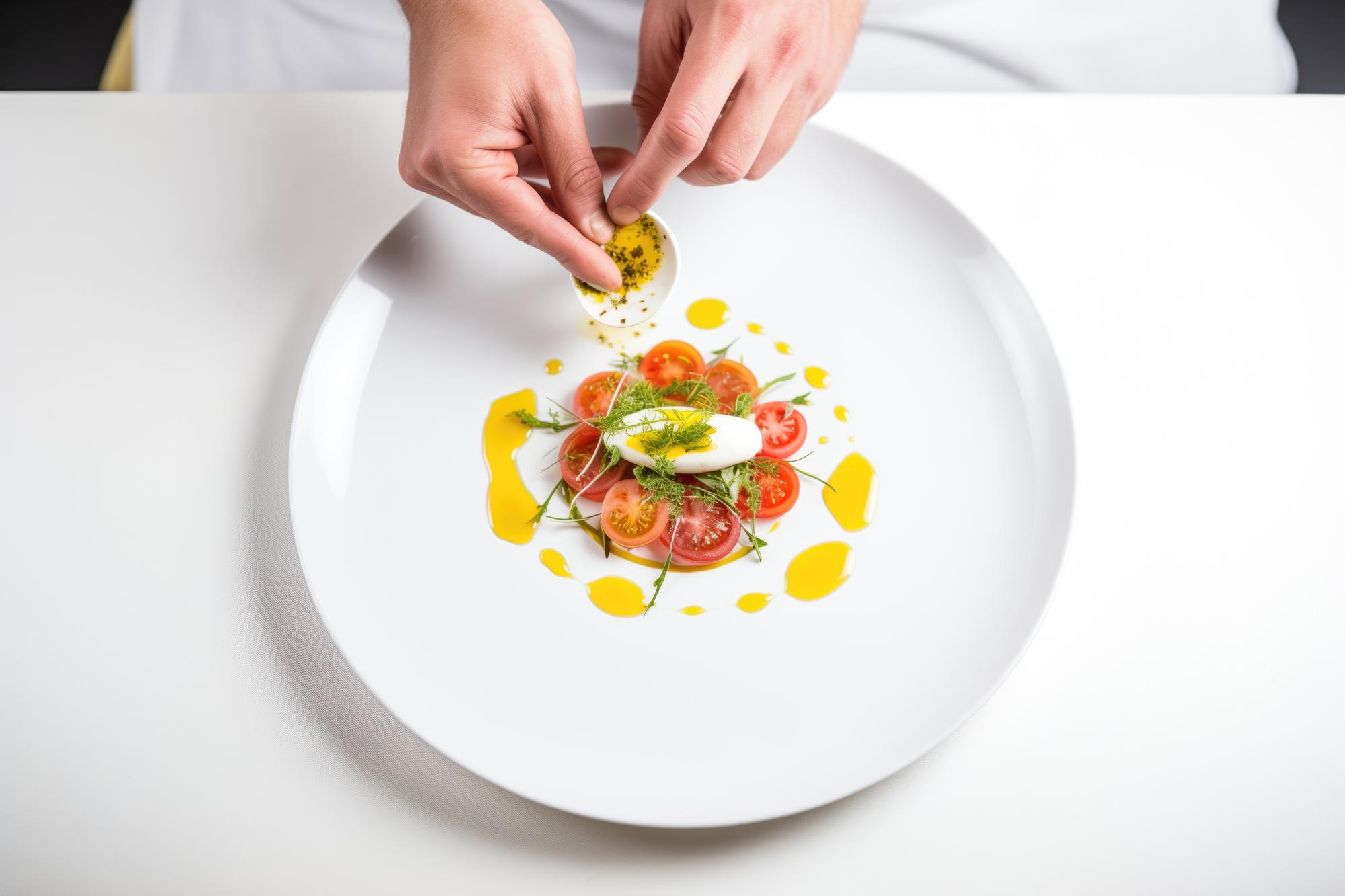 Chef preparing plated dish on dark table