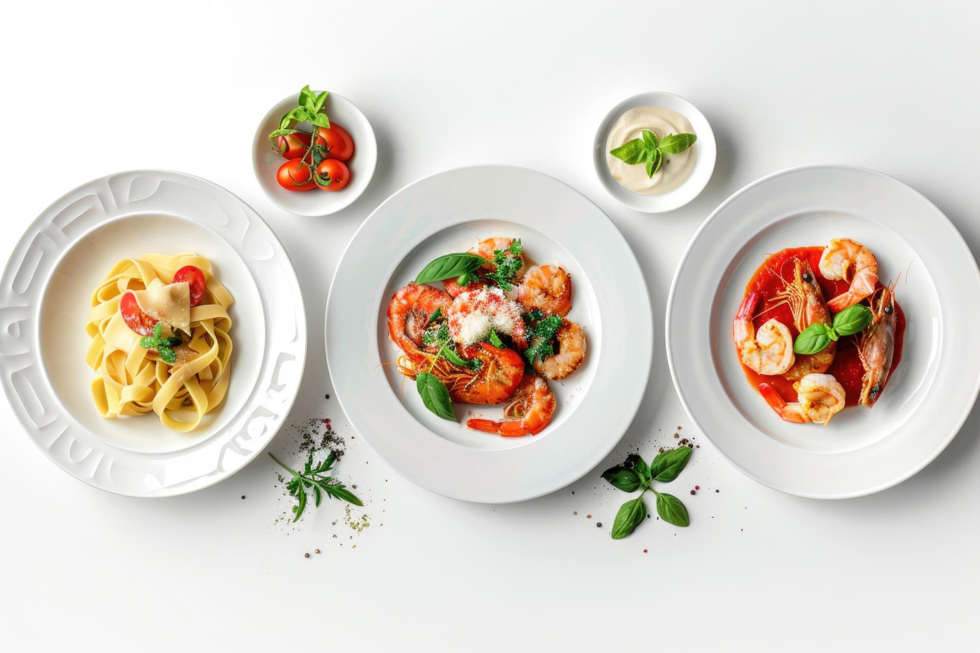 Assorted plated meals in a studio setup